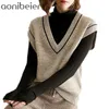 Striped Women Ärmlös Tröjor Vår Vinter Lösa Stickade Jumpers Deep V-Neck Vest Kvinna Waistcoat Pullovers 210604