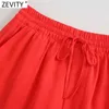 Zevity Women Simply Solid Color Kieszenie Patch Casual Proste Spodnie Kobiet Chic Elastyczny Talia Lace Up Lato Długie Spodnie P1192 210915