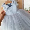 Abiti da comunione per feste di perle blu baby Bambine in tulle con fiocco drappeggiato con cerniera Abito da ragazza di fiori Abito da laurea per matrimoni Bambini lunghi Fomra