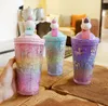 Det senaste 14.6OZ-dubbelskiktet plastmjölk kaffe mugg, unicorn krossad isgradientfärg, en mängd olika stilar, support anpassad logotyp