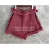 ss Femme Coton Lin Short TAILLE Haute Surdimensionné Fermeture Éclair Courte Avant Taille Boucle Ceinture Avec Poches Ourlet Roulé 210719