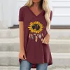 Casual Top Women T Shirt Sexy V Neck Loose Short Simplicity Sleeve Floral Flowers Feather Printing Piping Comfortable Breathable 3 Colors WMD