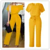 Elegante O Pescoço Jumpsuits Casuais Verão Vermelho 3xl Plus Size Solta Mulheres Atadura Longa Macacão Cintura Alta Escritório Reto Use 210317