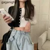 Seksowne kobiety Crop Tshirt Z Długim Rękawem Dzianiny T Shirt Single Breasted Chic Koreański Wiosna Hit Kolor Outwear Topy 210601