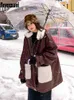 Nerazzurriジッパーアップ特大の黒い暖かい厚い革のジャケット女性冬のロングの襟の毛皮の中の毛皮の中の毛皮の毛皮長袖211130