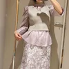 Rüschen Puff Sleeve Design Blusas Büro Dame Anzug Süße Solide Frau Hemden mit Gestrickte Weste Einfache 2 Stück Set 210525