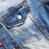 2021 Chándales azules Agujeros rasgados Conjuntos de jeans para hombres Otoño Invierno Chaqueta de mezclilla bordada con arco iris + Pantalones elásticos con pintura en aerosol Conjuntos de 2 piezas Conjuntos de hombres
