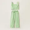 Arrival Kids Girl Striped Ruffled Top and Strappy Pants Set 210528