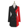 Casual Dresses 2022 Women Elegant Office Patchwork Blazer Dress Work Wear Contrast Color Long Sleeve Double-Breasted Notched Blazers Mini