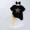 Sommarbarnsflickor 2-st uppsättningar Cartoon Stars Letter Bow T-shirt + Tutu Skirt Headwear Outfits Barn Jumpsuit E7825 210610