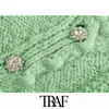 Traf女性のファッション宝石のボタンのファッションポンポムの詳細ニットカーディガンセーターヴィンテージ長袖女性の上着シックトップ211218