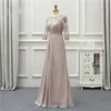 2021年の格安シフォン母の花嫁のドレス3/4長袖の幻想レースプリーツドレープママイブニングドレスの結婚式のフォーマルガウン
