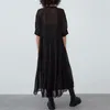 Robe en mousseline de soie noire pour femmes, demi-manche, col montant, longue, pois, transparent, sexy, fête 210623