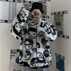 Invierno coreano Harajuku Lazy BF Estilo Abrigo Dibujos animados lindos Impresión Chaqueta de manga completa Lana de cordero Mantener caliente Cremallera Prendas de abrigo 211029