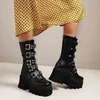 Winter Gothic Punk Damskie Buty Platformy Czarna Klamra Pasek Zipper Pnącze Kliny Buty Mid Calf Wojskowy Balki Wojskowe H1126