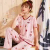 Plus Storlek 100% Bomull Kortärmad Långa byxor Pyjamas uppsättningar för kvinnor Sommarutskrift Sleepwear Pyjamas Homewear Pijama Mujer Kläder 211112