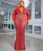 Plus size Arabische aso ebi rode luxueuze sprankelend prom -jurken kralen veren sexy avond formeel feest tweede receptie jurken jurk zj324 407