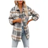 Women's Wool & Blends Vintage Brushed Plaid Shirts Long Sleeve Flannel Lapel Button Down Pocketed Shacket Jacket Coats Winter Spring