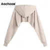 Aachoae Fashion Solid Women Crop Felpe Felpe Streetwear Batwing Manica lunga Pullover con cappuccio Orlo irregolare Chic Top Y0820