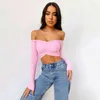 Off Hombro Crop Top Mujeres Verano Manga larga Camiseta V Cuello Camiseta Elegante Fiesta Club Camiseta Femme Dames Streetwear G220228