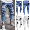 Moda uomo Jeans hip-hop strappati strappati elasticizzati da motociclista Pantaloni lunghi in denim a matita sottile con patch nastrati distrutti X0621