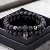 Beaded Strands 8mm Black Lava Stone Beads Bracelet Set Skull Men Bracelets For Women Jewellery Pulsera Hombre Armband Accessories3607663