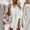 White Sexy Hollow Out Embroidery Mini Shirt Dress Women Turn-down Collar Button Spring Dress 2021 Autumn Solid Loose Party Dress Y1006