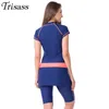 Trisass Two Piece Skirt Swimsuit For Women Sports Surf Suit Tankini Long Pants Bathing suit With Zipper Sleeve Swimwear 210630