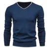 100% Cotton Pullover V-neck Men's Sweater Solid Color Long Sleeve Autumn Slim Sweaters Casual Pull Clothing 211006