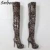 Sorbern Leopard 특허 Mid 허벅지 높은 부츠 여성 보이지 않는 플랫폼 구두 하이힐 Stilettos 맞춤 맞춤