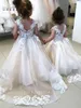 Adorable Lace Tulle Flowre Girl Dresses Princess A Line Jewel Neck Appliques Button Covered Back Long Toddler Kids Party Occasion Formal Gowns BC6033
