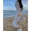 Vestidos casuais elegante sundresses florais mulheres manga comprida vintage coreia chi festa midi vestido senhoras chiffon praia um pedaço 2021 outono