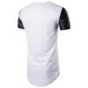 Sommar män Curved Hem Casual T-shirt Men PU Läder Stitching Street Swag Hip Hop Bomull Utökad Tee Kortärmad Män Tshirt 210726