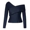 Kvinnors T-shirt Kvinnor Solid Asymmetriska Stickning Toppar Pullover Cross Bandage Långärmad O-Neck Female Stickad Tees Höst