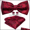 Bow Fashion Aessories Krawaty Czerwone Pre-Bowties Dla Mężczyzn Silk Butterfly Lattice Hanky ​​Cufflinks Zestaw kołnierza Wymienny Nectie Xmas Wedding Party