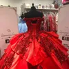 Rote glitzernde Quinceanera-Abschlussballkleider 2021, schulterfrei, Spitze, Applikationen, Pailletten, Ballkleid, Tüll, Party, Sweet-16-Kleid, Quinceañera