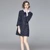 Mode Designer Runway Plaid Bow Slips Tweed Dress Kvinnor Högkvalitativ nedgång Långärmad Vintage Mini Woolen 210529