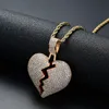 18K Gold Broken Broken Heart Colar Colar Hip Hop Copper Jóias cúbicas Conjunto de jóias de 60 cm de 60 cm de corações de corações pendentes de diamante pingente de diamante para homens