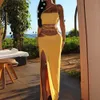 Women Sexy Strap Crop Top and Long Skirt Two Piece Sets Summer Elegant Bandage Cami Slit Party Club Vacation Beach Maxi Dress 210619