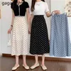 Vintage svart polka dot midi kjol kvinnor hög midja chiffon s sommar a-line lång elegant kvinnlig botten 210601