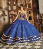 Abiti Quinceanera messicani blu vintage con abito da ballo da ballo in pizzo cristallino Sweet 15 abito 2021 abiti da ballo in corsetto d'oro a più livelli
