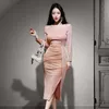 Qiu Dong Han Edition instala uma palavra trouxe bling sexy cultivar o vestido de uma moralidade feminina oblíqua pacote de divisão quadril skir 210602