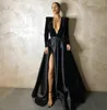 2021 Dark Green Elegant Evening Dresses With Long Sleeve Dubai Arabic Sequins Satin Prom Gowns Party Dress Deep V-Neck High Split