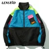 Lenstid Jesień Mężczyźni Hip Hop Streetwear Kolor Blok Patchwork Kieszonkowy Kurtka Harajuku Vintage Windbreaker Oversized Track Coats 210811