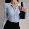 Women Lapel Slim Slimming Tops Ladies Hollow Buttons Sexy V Neck Long Sleeve POLO Knit Cardigan Sweater 211018