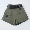 Hög midja bred ben last kvinnor shorts vintage sashes solida khaki pocket kvinnor sommar mode casual kläder 210719