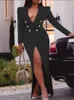 エレガントな女性ブレザードレススーツ長袖のメタルボタンマキシジャケットコート上品なファッションレディラージサイズパーティーイブニング衣装2278S