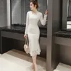 Mulheres vestidos de renda verão o-pescoço elegante sexy meados bezerro bainha manga longa festa formal vestido branco preto roupas femininas 210625