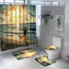 Cortinas de chuveiro 3D Cortina de praia Conjunto de banheira de poliéster à prova d'água Tapetes anti-deslizamento tapetes de tampa da tampa da tampa do banheiro