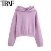 TRAF Femmes Mode Avec Élastique Garnitures Cropped Hoodies Sweats Vintage À Manches Longues Polaire Femme Pulls Chic Tops 201209